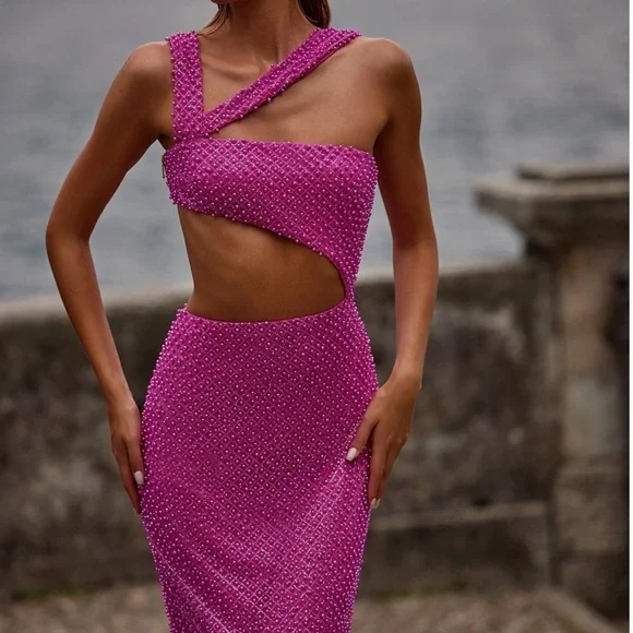 Hot pink , sexy cut out beaded midi dress - Picture 3 of 8